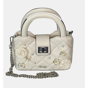 Aldo White Quilted Mini Handbag Purse XBody Flower Appliques Silver Chain NWOT